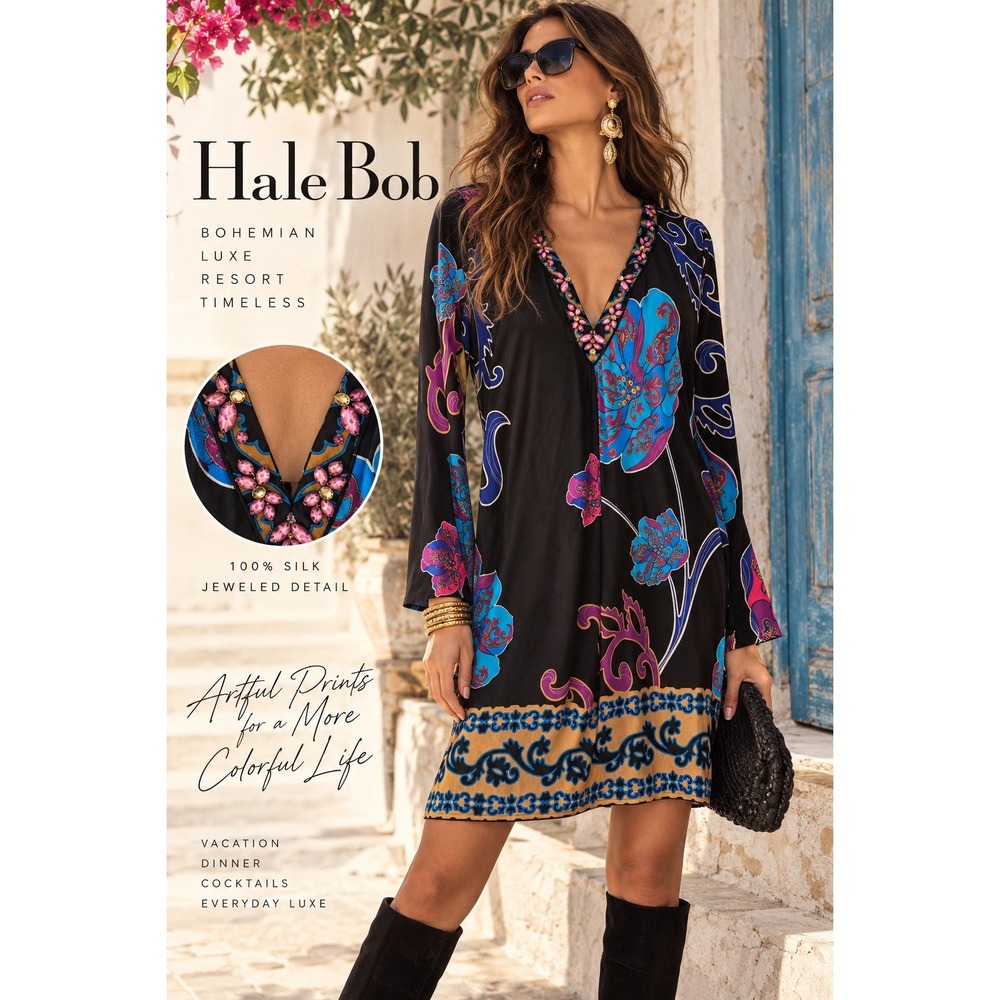 Hale Bob 100% Silk Beaded Paisley Floral Boho Y2K Tunic Dress L NWT